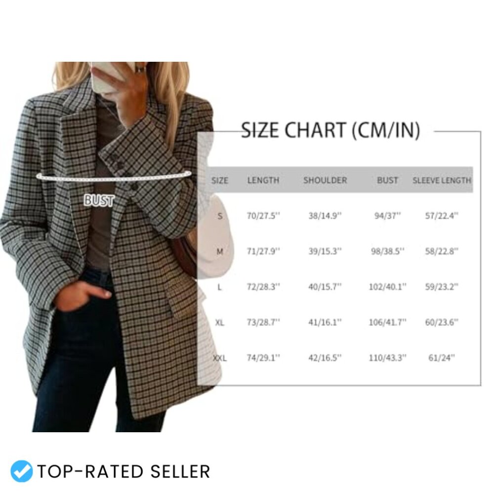 Plaid Houndstooth Wool Blazer Loose Fit Business Casual Elegant Suit Jacket - Picture 6 of 7